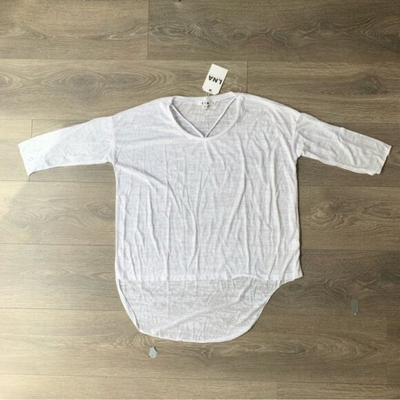 REVOLVE LNA Cape Strap Tee Top Burnout 3/4 Length Sleeve White High Low hem XS - Picture 11 of 16